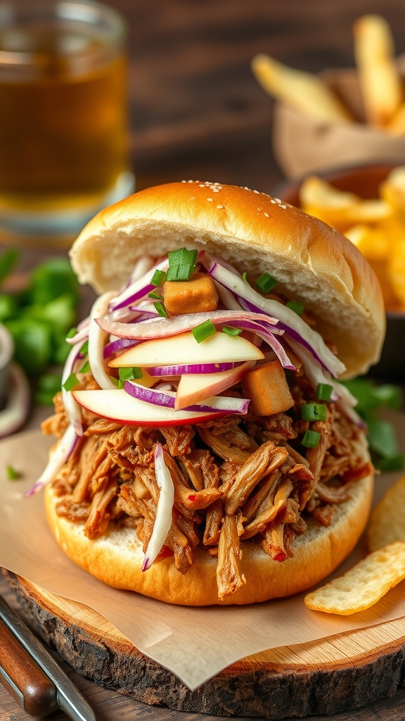 A Jackfruit Pulled Pork Sandwich with apple cabbage slaw on a toasted bun, served with chips on a rustic table.
